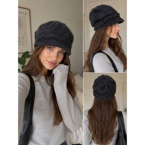 Etmar New York Vintage Angora Blend Hat Black Fuzzy Newsboy Beret Cap